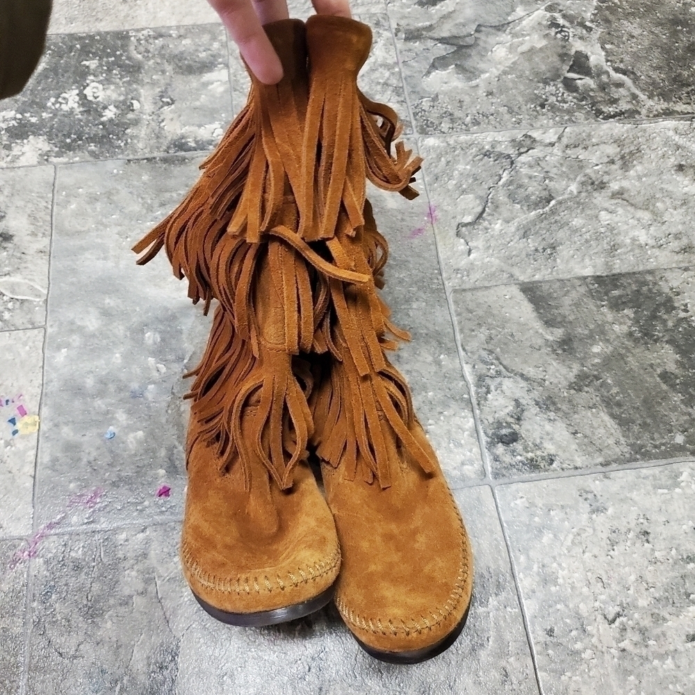 Minnetonka Moccasins 3 Layer Fringe Boot Brown Su… - image 4